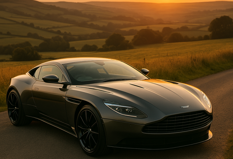 black aston martin db11 parked on road in front of fields