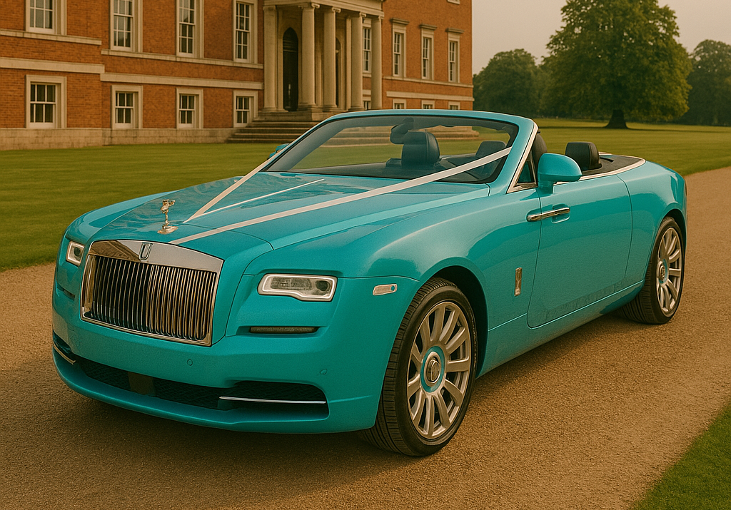 rolls-royce dawn in turchese blue outside stately home