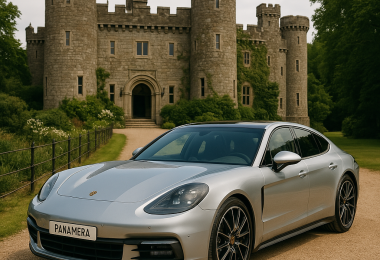 silver porsche panamera outside castle at wedding
