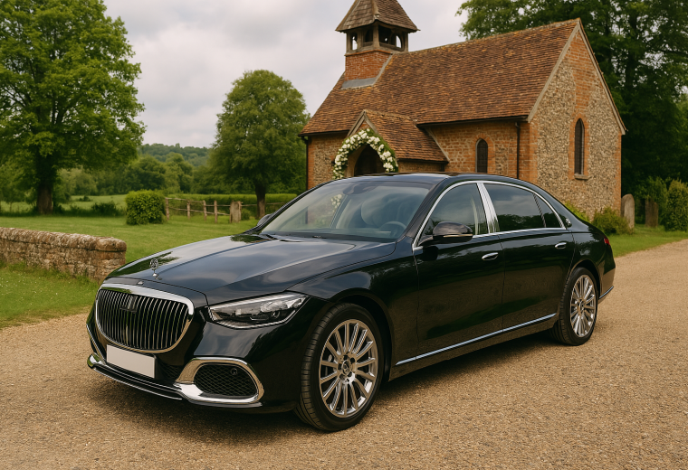 black mercedes maybach at rural wedding