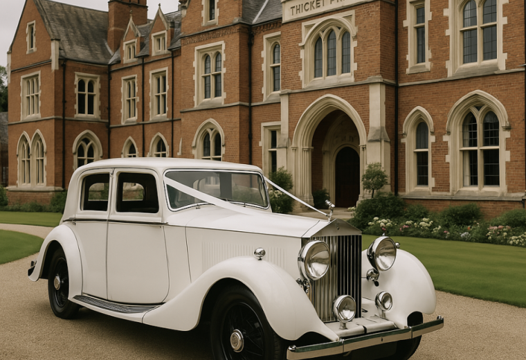 white vintage rolls royce 20/25 outside wedding at Thicket Priory