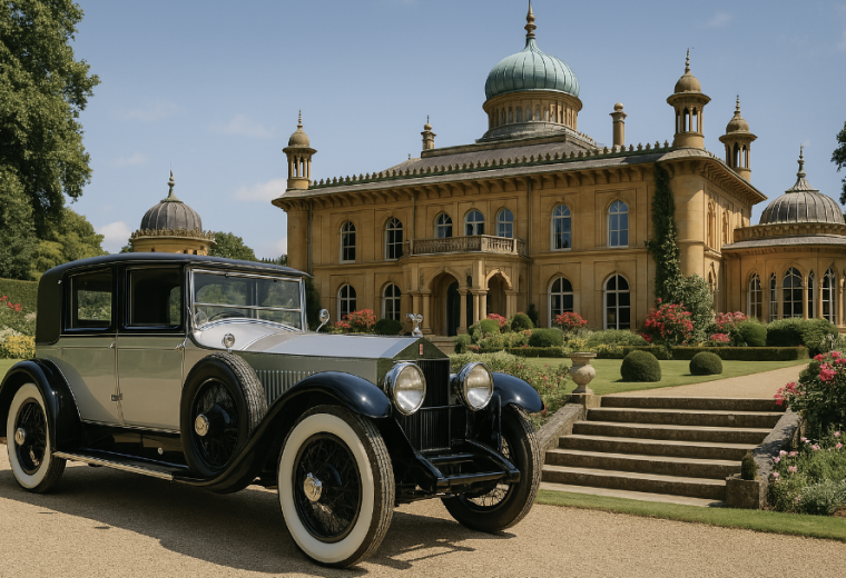 rolls royce silver ghost outside wedding at Sezincote House