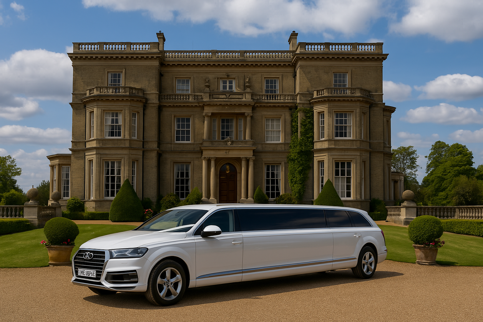 white audi q7 limo outside wedding at Hedsor House, Buckinghamshire