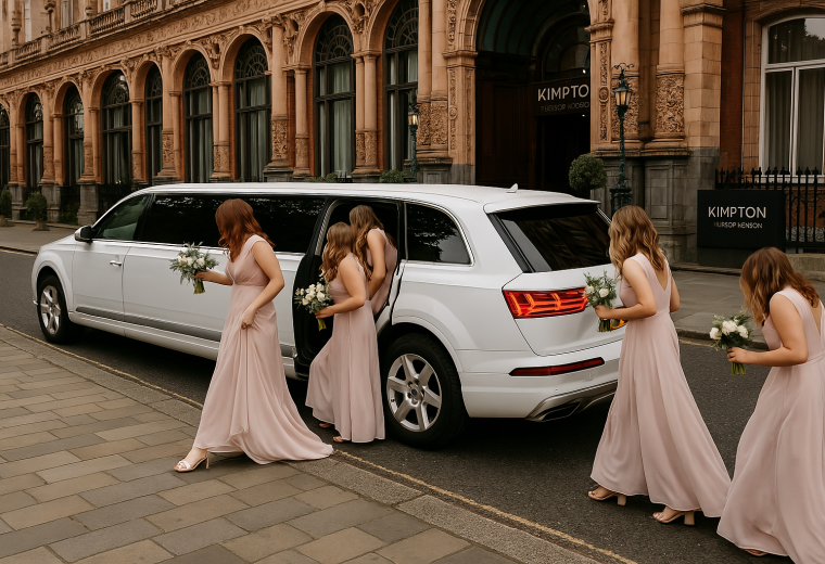 bridesmaids getting out of audi q7 limo at wedding at Kimpton Fitzroy