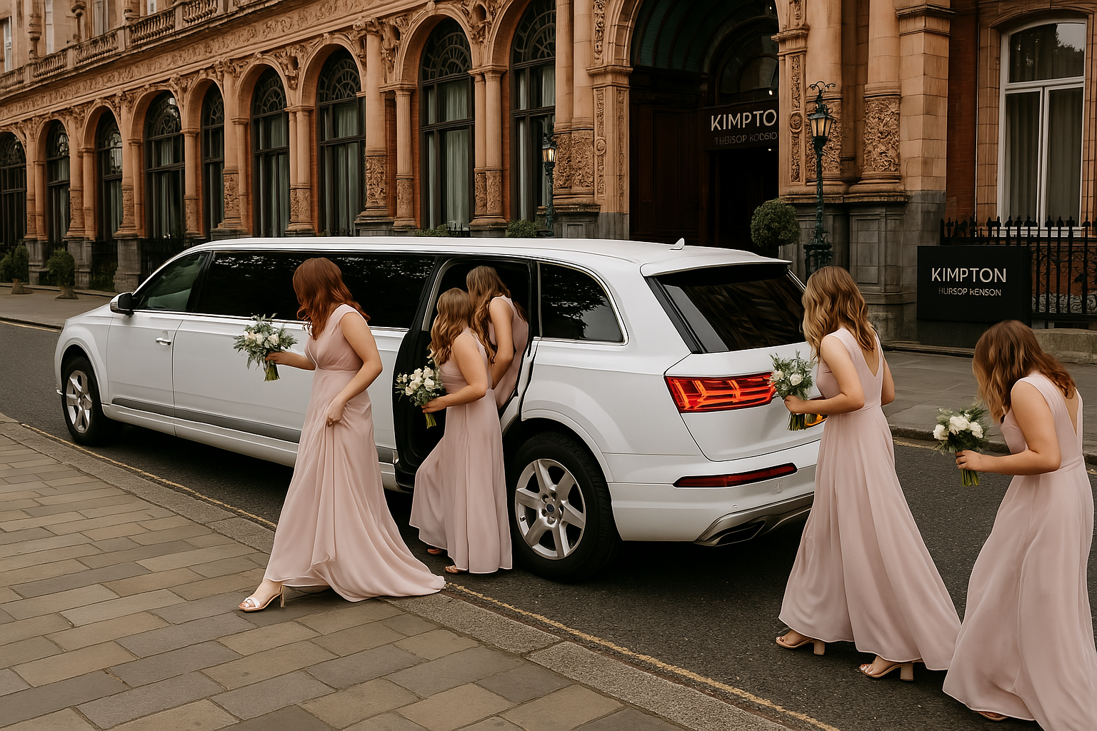 bridesmaids getting out of audi q7 limo at wedding at Kimpton Fitzroy