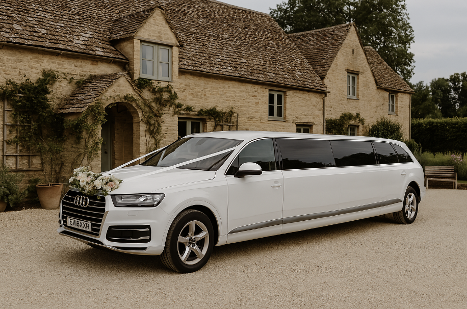white audi q7 limo outside wedding at Thyme, Cotswolds