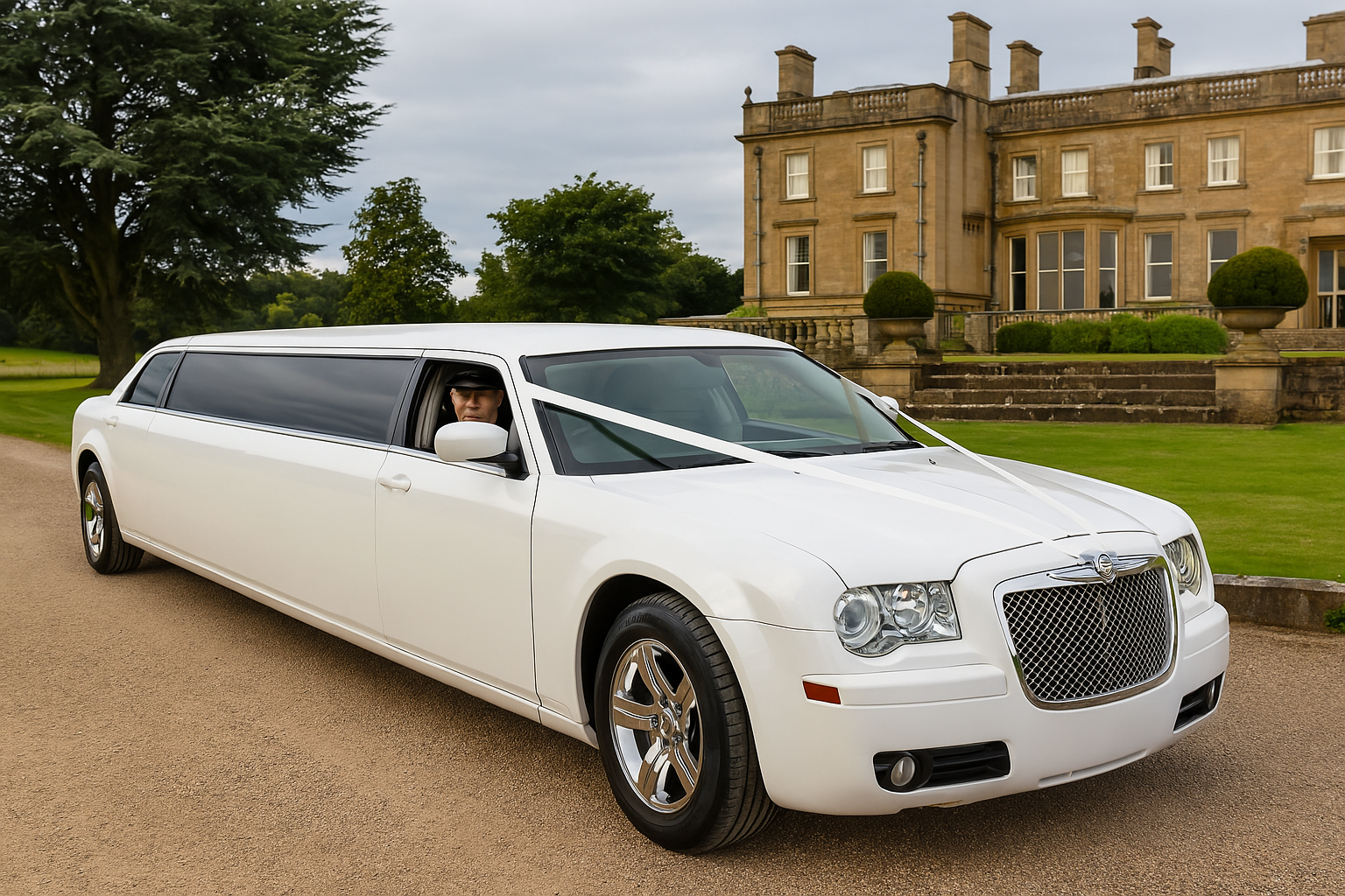 white baby bentley limo with a uniformed chauffeur in the front outside a luxury country estate