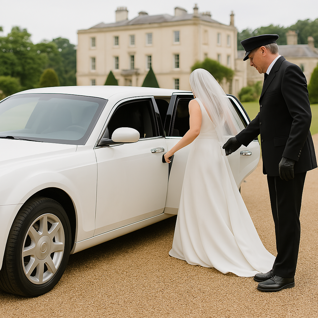 chauffeur helping bride into white baby bentley limo