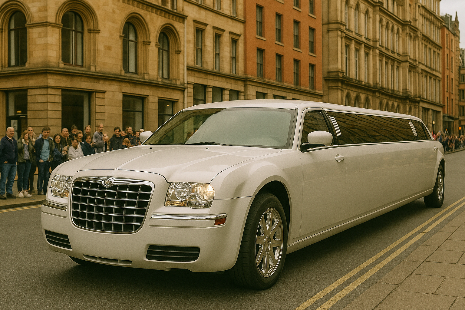 white baby bentley limo driving through manchester town centre with onlooking crowds