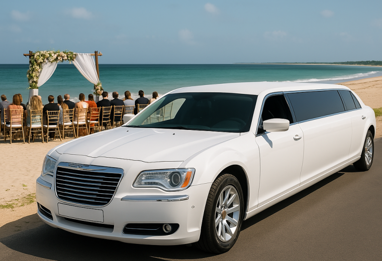 white baby bentley limo with beachside wedding in background