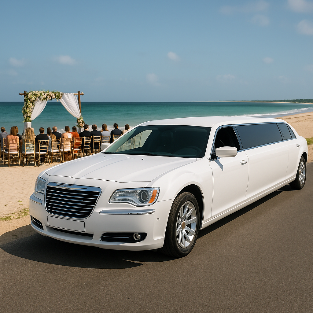 white baby bentley limo with beachside wedding in background