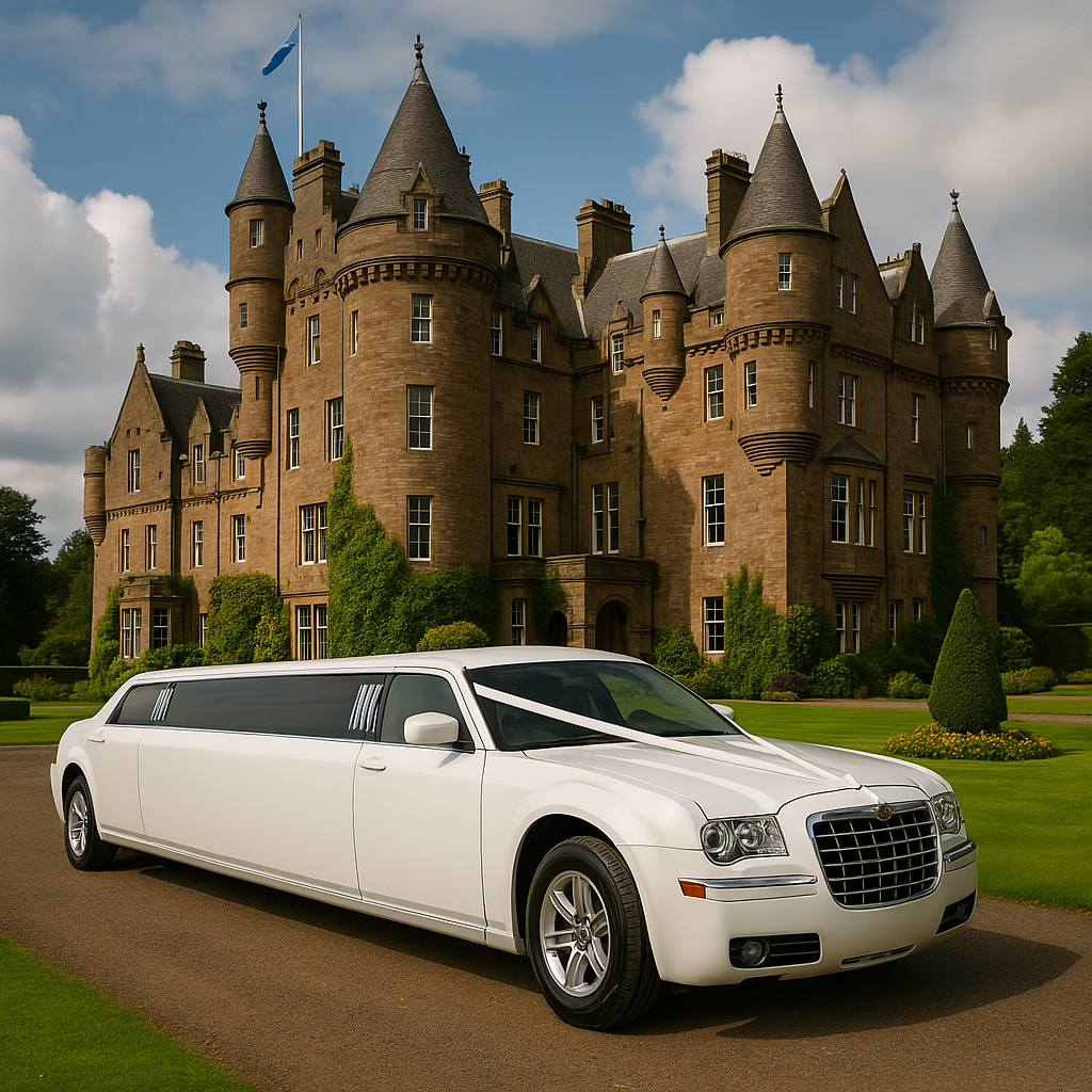 white chrysler 300 wedding limo at glenapp castle, ayrshire, scotland