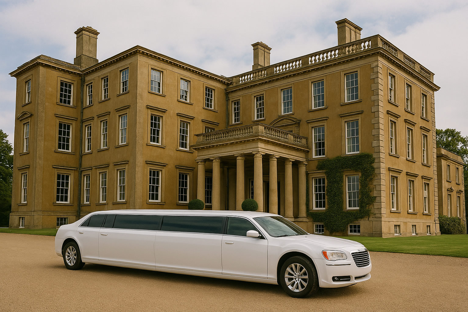 white chrysler 300 limo parked outside aynhoe park, oxfordshire