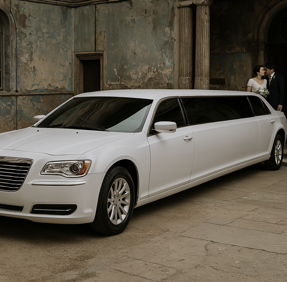 white chrysler 300 limo at wedding at asylum chapel, london