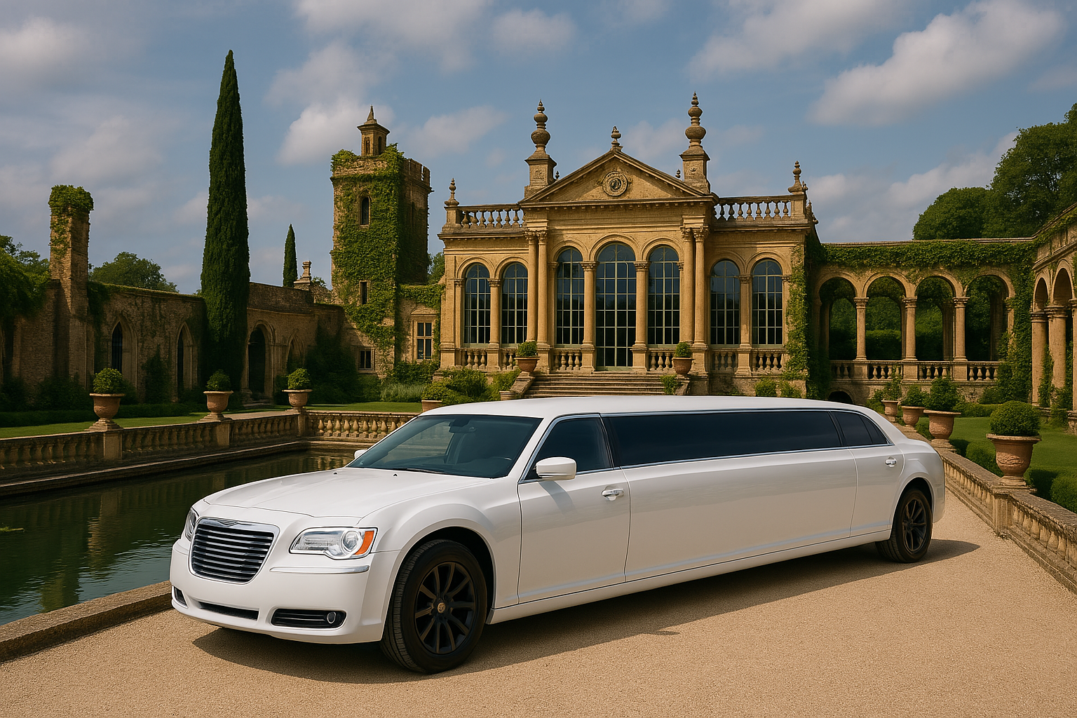 white chrysler 300 limo at the lost orangery at euridge manor, cotswolds