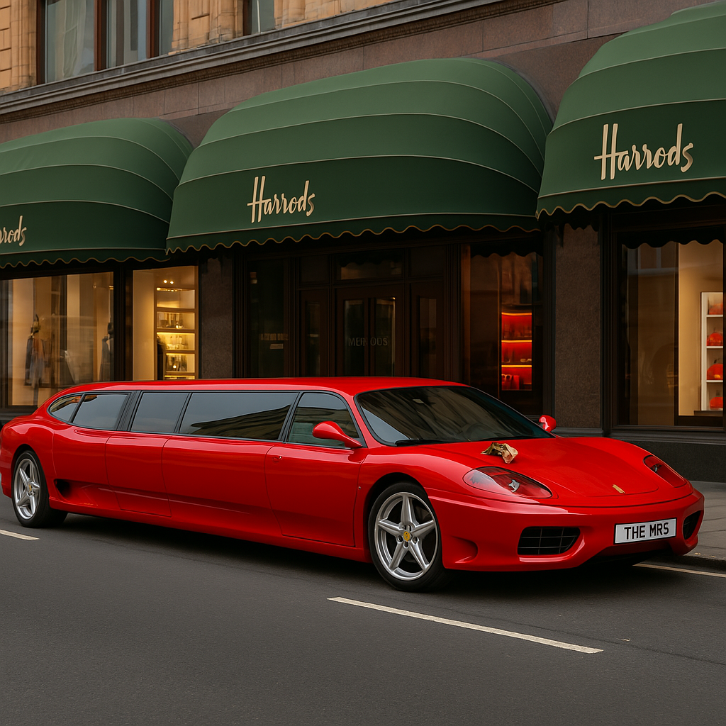 Red Ferrari Limo outside of Harrods, London