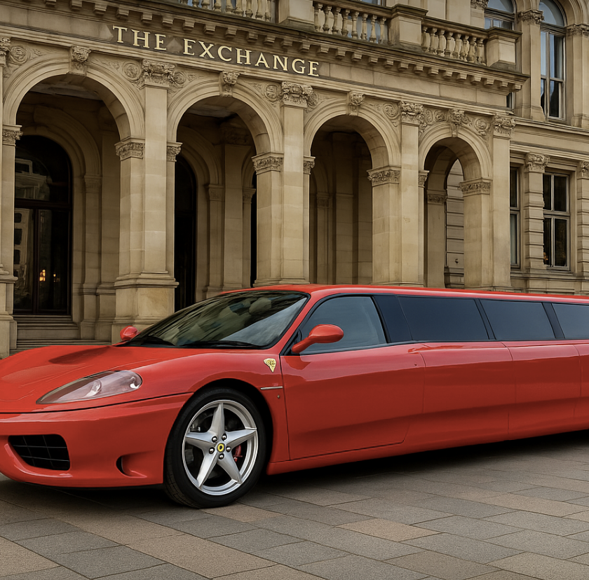 Ferrari Modena Limo outside Birmingham Exchange building