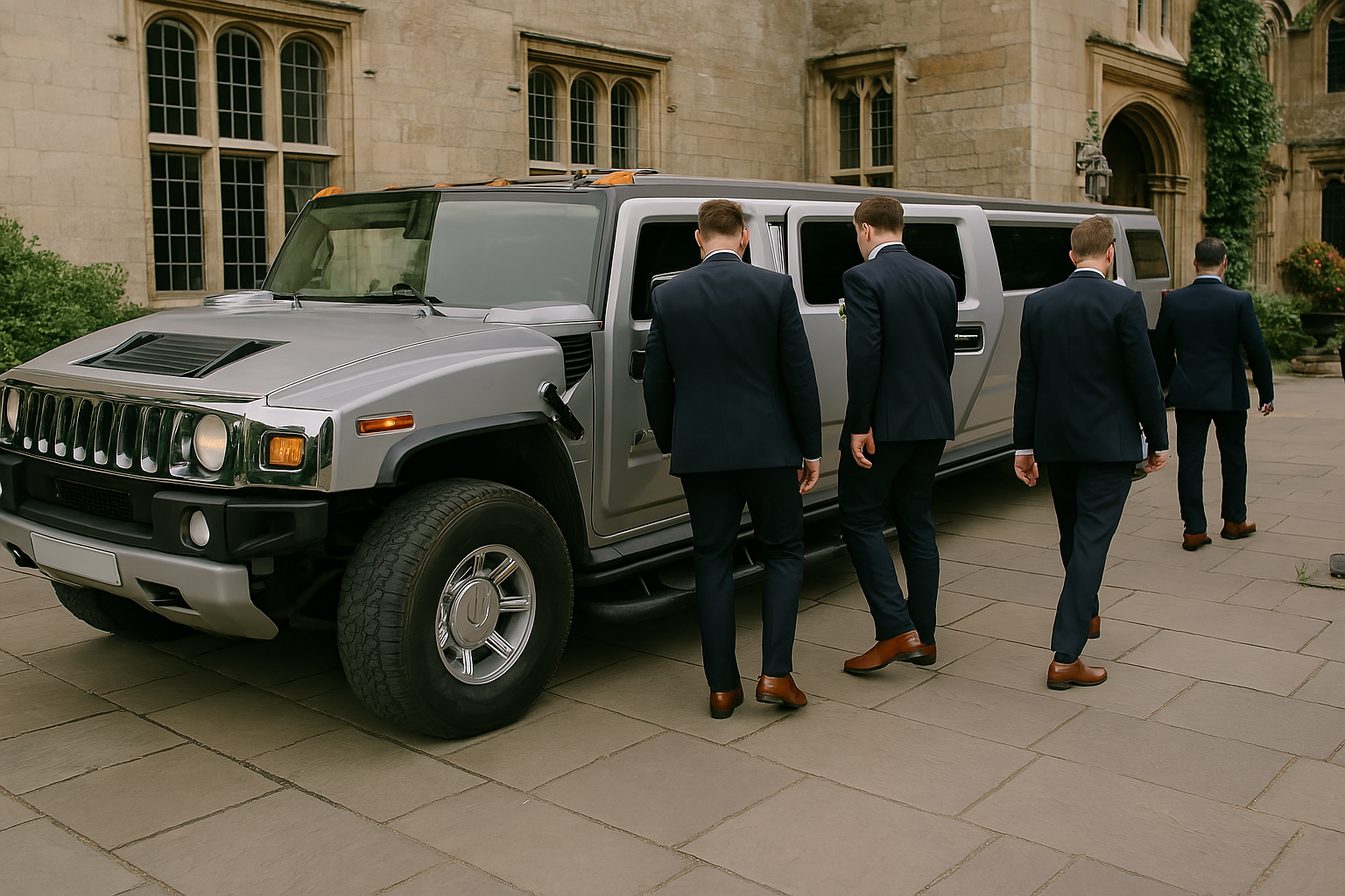 groomsmen getting out of silver double axle hummer limo into wedding venue