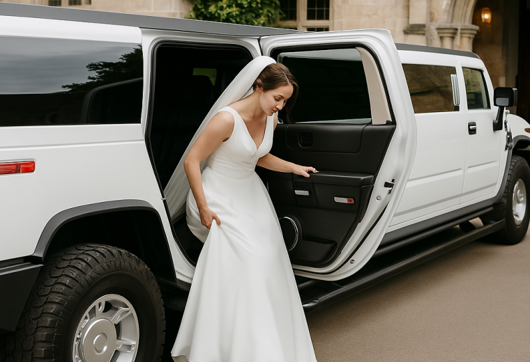 bride getting out of white hummer limo