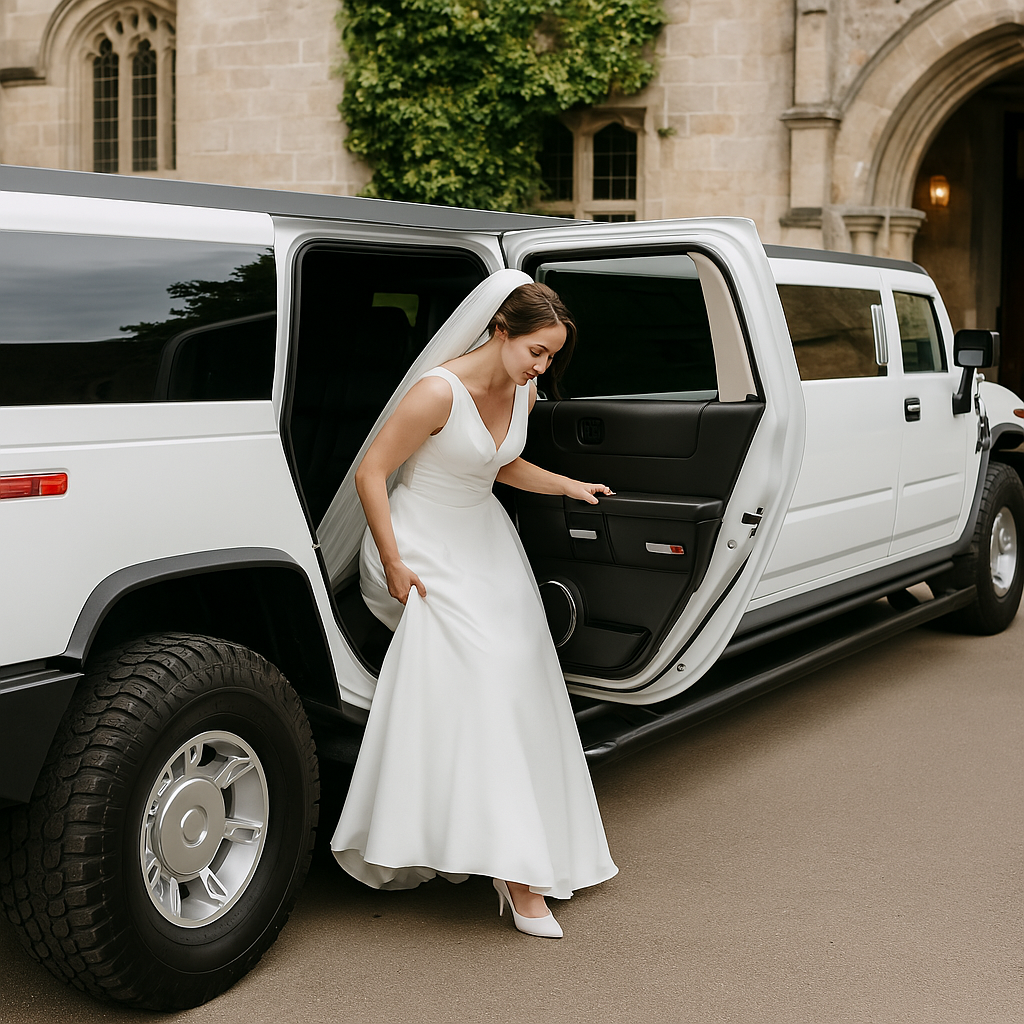 bride getting out of white hummer limo