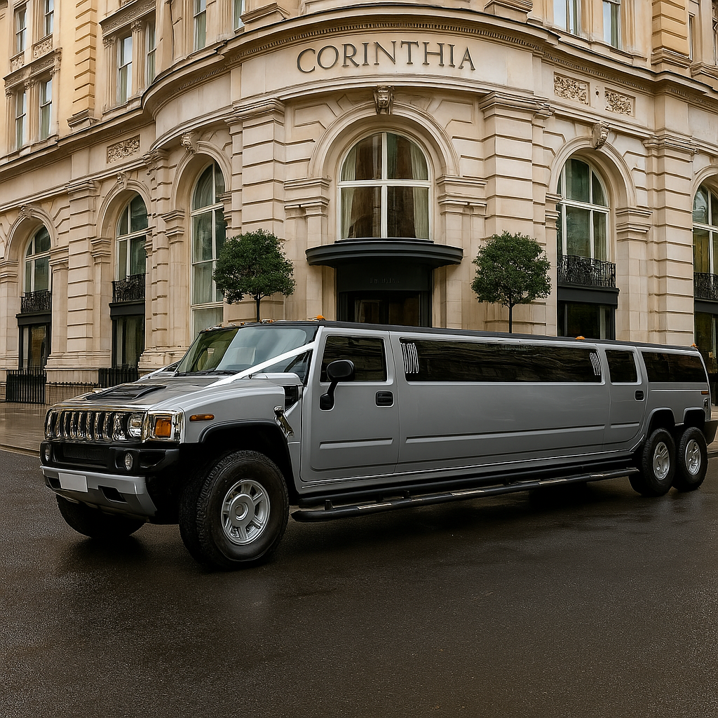 silver double axle hummer outside the corinthia london