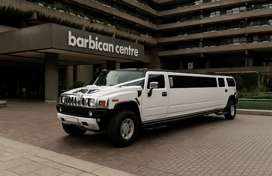 white hummer limo outside the barbican centre, london