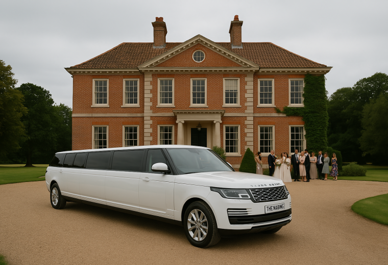 white range rover sport limo outside of wedding at Wilderness Reserve, Suffolk