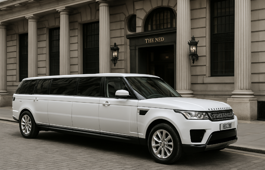 White Range Rover Limo outside wedding at The Ned, London