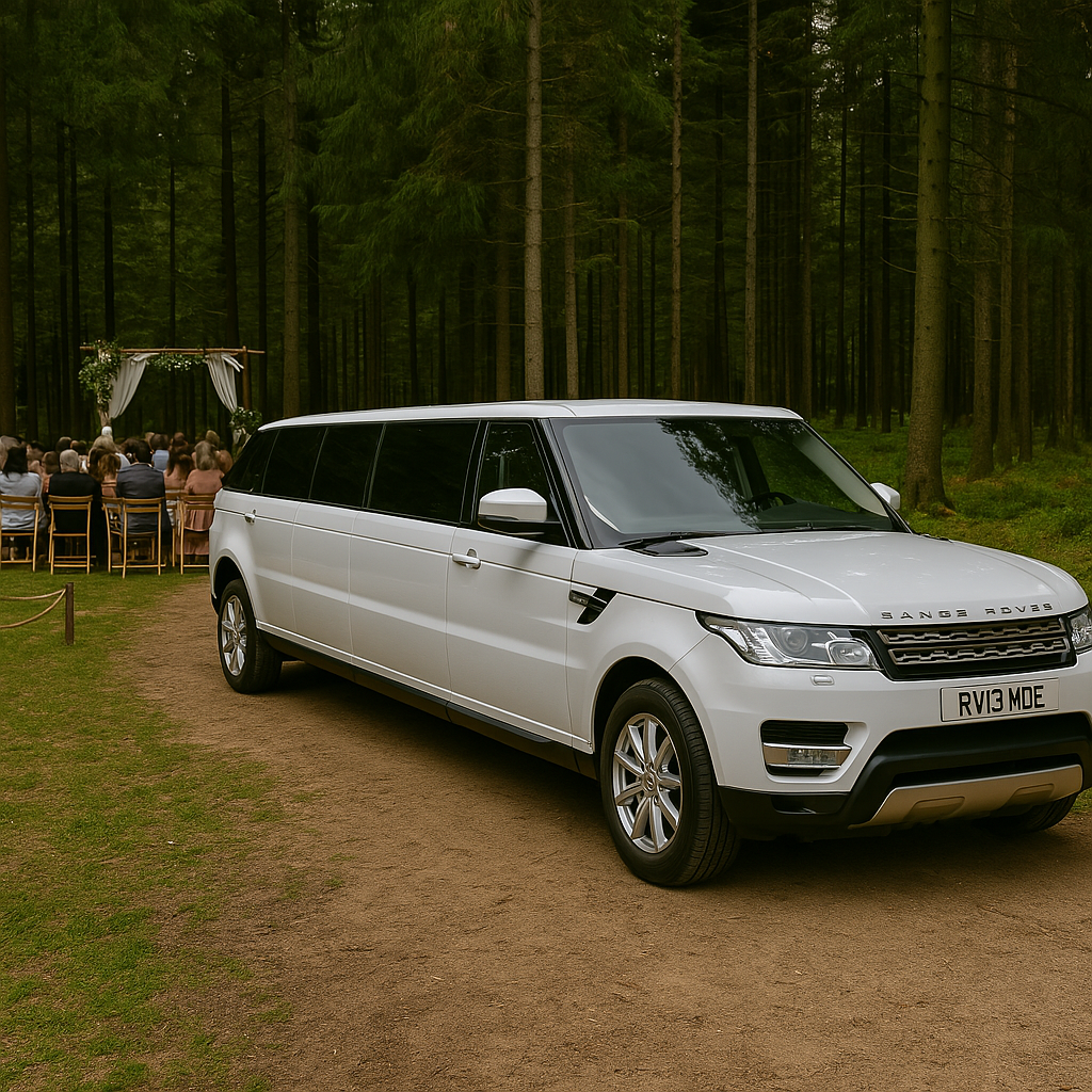 White Range Rover Sport Limo parked at outdoor forest wedding