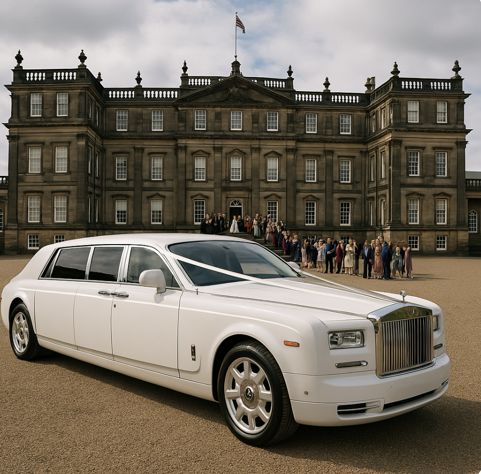 white rolls royce phantom limo parked outside a wedding at hopetoun house