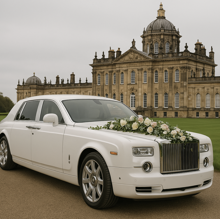 white rolls royce phantom limo decorated in bridal flowers outside castle howard