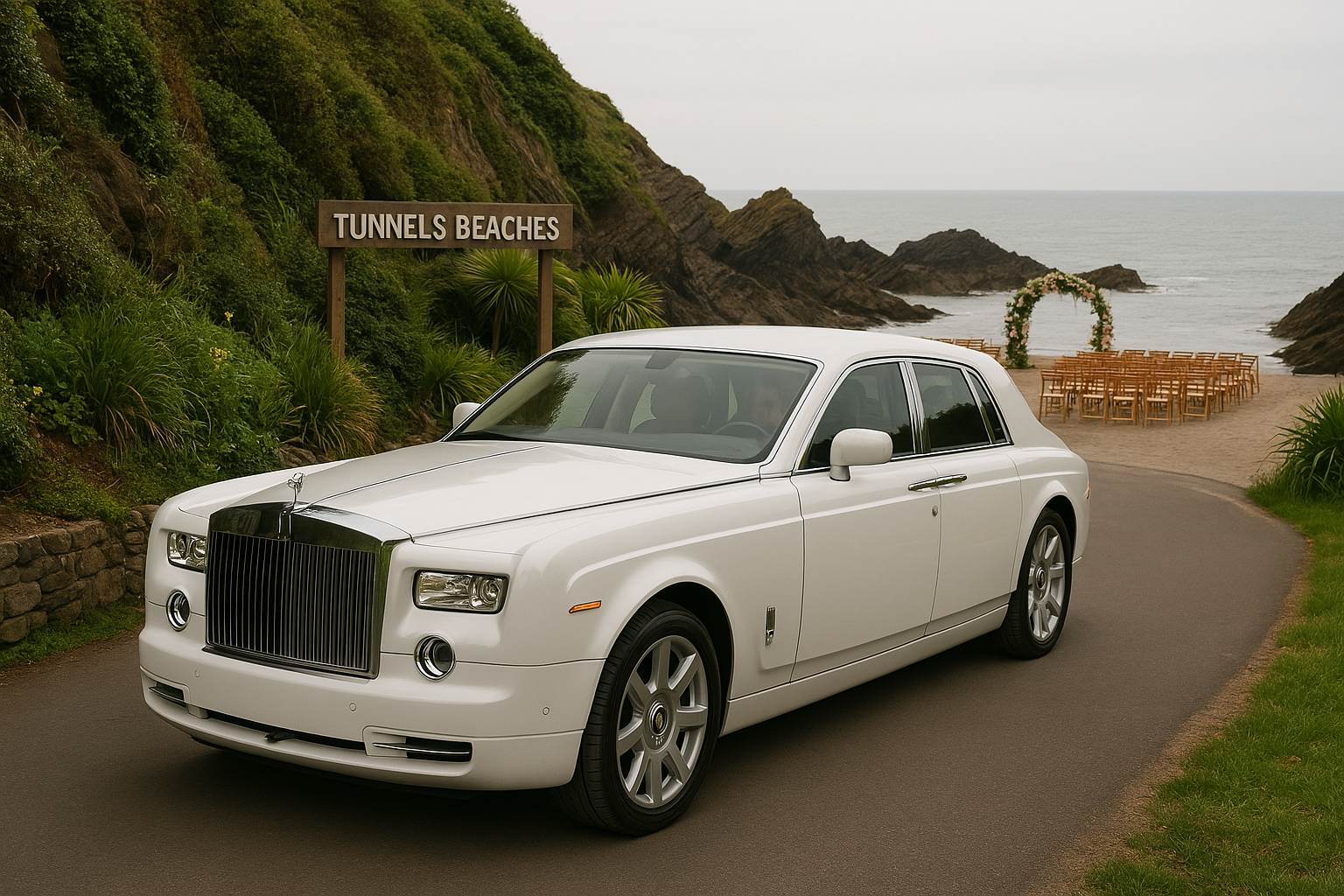 white rolls royce phantom limo pulling up to tunnels beaches for a beachside wedding