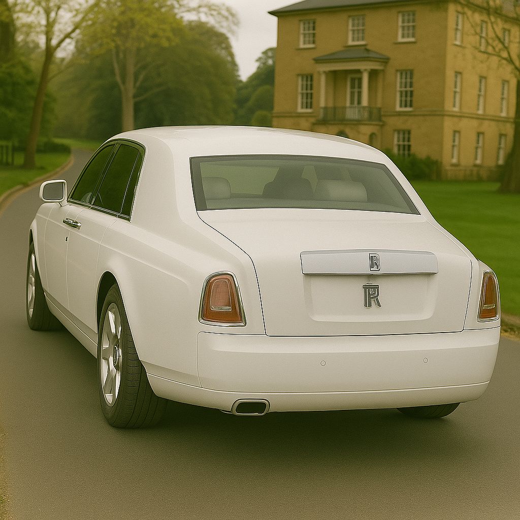 white rolls royce phantom limo driving a couple away from clissold house after their wedding ceremony – the numberplate reads "JUST MARRIED"