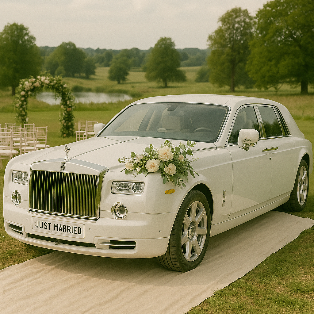white rolls royce phantom decorated in bridal flowers at outdoor wedding at wilderness reserve, suffolk